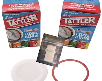 May include: Two boxes of 12 regular mouth reusable canning lids with rubber rings. The boxes are red and white with the text "Tattler" and "The Original, Since 1976". The lids are BPA free. The image also shows a white lid, a red rubber ring, and a small white sticker with the text "Sunivale".