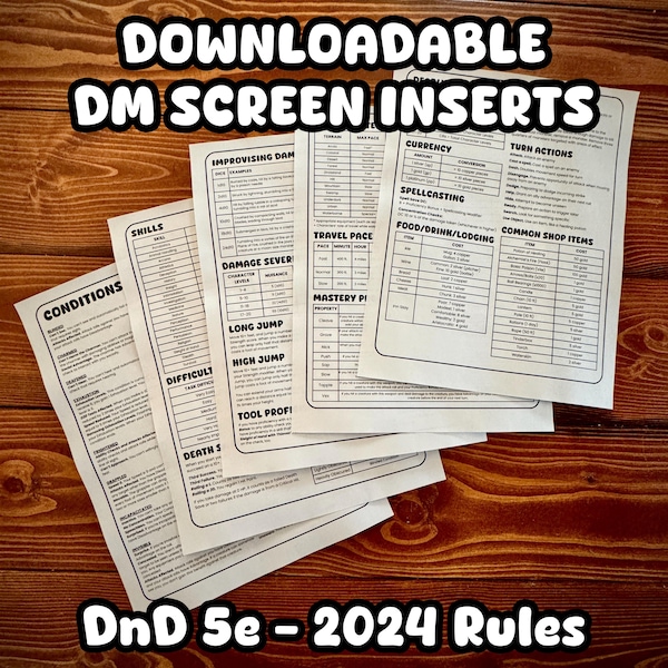 DnD DM Screen Inserts - Printable, 5E, 2024 Rules (Digital Download)
