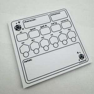 May include: A black and white printable character sheet for tabletop role-playing games. The sheet includes spaces for character name, ability scores, hit points, initiative, and notes.