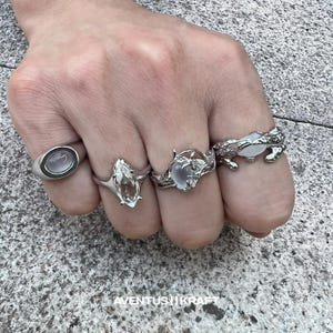 Moonstone Adjustable Rings | Minimalist Gothic Jewelry Set Y2K Harajuku Aesthetic Fashion Accessories | Gift for Her or Him