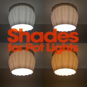 Puede incluir: Cuatro pantallas de lámpara acanaladas en forma de campana para focos empotrados, cada una emite una temperatura de color diferente, desde blanco frío hasta amarillo cálido. El texto "Shades for Pot Lights" aparece en letras naranjas.