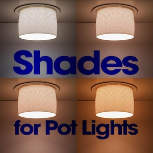 May include: Four cylindrical light shades for pot lights, each featuring a white textured chevron pattern. The shades are displayed in a grid, showing variations in light colour temperature from cool white to warm yellow, with the text Shades for Pot Lights.