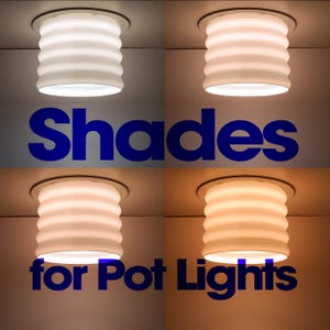 Puede incluir: Una pantalla de lámpara cilíndrica blanca con texturas acanaladas horizontales diseñada para iluminación empotrada, mostrada en cuatro variaciones de temperatura de color con el texto azul superpuesto Shades for Pot Lights.