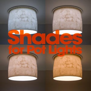 Puede incluir: Cuatro pantallas cilíndricas para focos empotrados con un sutil patrón de hojas, dispuestas en una cuadrícula que muestra diferentes temperaturas de color, desde blanco frío a amarillo cálido, con el texto Shades for Pot Lights en naranja.