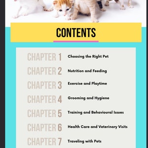 May include: A table of contents for a book about pet care. The chapters cover choosing the right pet, nutrition and feeding, exercise and playtime, grooming and hygiene, training and behavioral issues, health care and veterinary visits, traveling with pets, and pet adoption and rescue.
