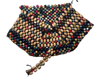 Bolso de mano vintage de madera con cuentas de Checoslovaquia, estilo bohemio, hecho a mano, de mediados de siglo, años 60