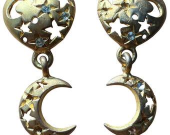 Pendientes colgantes vintage dorados con forma de corazón, luna y estrella, con pedrería, estilo celestial de los 80 y 90.