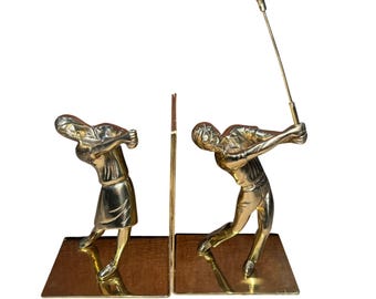 Vintage Brass Golfers Bookends Set Mid Century Sports Decor MCM Golfcore