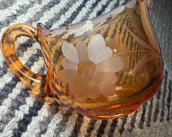 Vintage Etched Glass Creamer Pitcher Floral Depression Style Cottagecore
