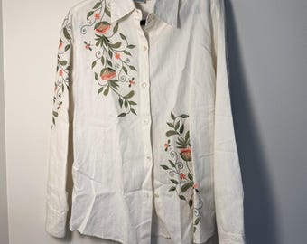 Camisa de lino y algodón blanco con bordado floral y botones, talla XL, estilo cottagecore, de Casey Coleman.