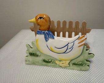 Servilletero/portacartas de cerámica con forma de pato y valla, estilo vintage de Cooks Tools, fabricado en Taiwán en los años 80.