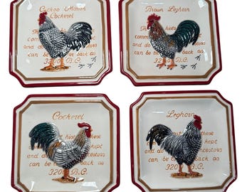 Juego de 4 miniplatos de cerámica 3D con gallo Leghorn, cuco y Maran de MWW Market Rooster.
