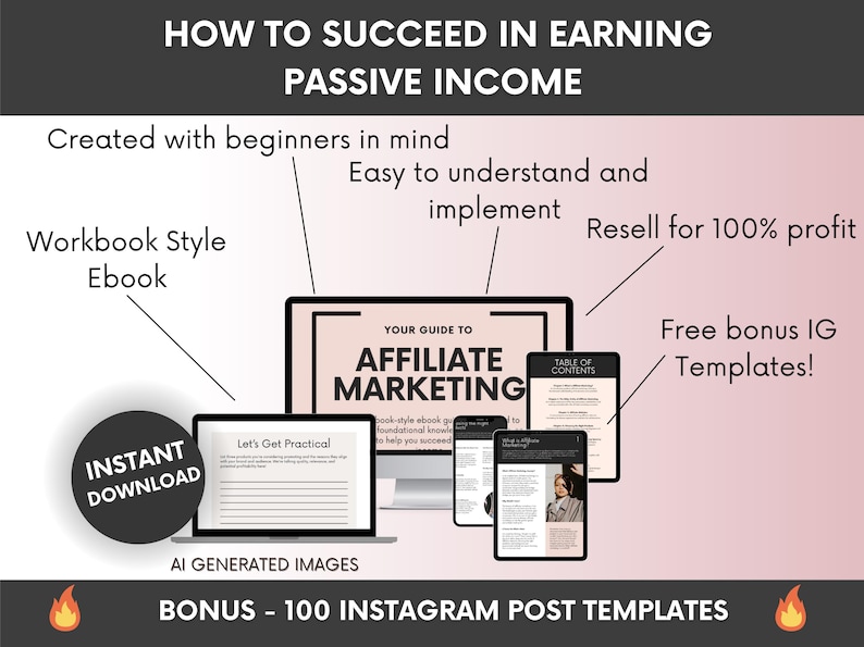 May include: A digital product bundle featuring a workbook-style ebook titled Your Guide to Affiliate Marketing, displayed on a computer monitor and tablet screens. Includes text labels for beginners, easy implementation, resale rights, and bonus Instagram templates.