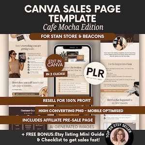 May include: A digital sales page template titled Cafe Mocha Edition for Stan Store and Beacons. The design features a neutral color palette with brown accents, including text overlays like Edit in Canva, PLR, and Resell for 100% Profit.