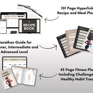 May include: Digital fitness and recipe planners are displayed on a laptop, tablet, and phone. The image includes a "Marathon Training Guide" and a "Fitness Planner" with a woman running. Text reads "101 Page Hyperlinked Recipe and Meal Planner!"