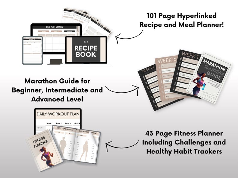 May include: Digital fitness and recipe planners are displayed on a laptop, tablet, and phone. The image includes a "Marathon Training Guide" and a "Fitness Planner" with a woman running. Text reads "101 Page Hyperlinked Recipe and Meal Planner!"