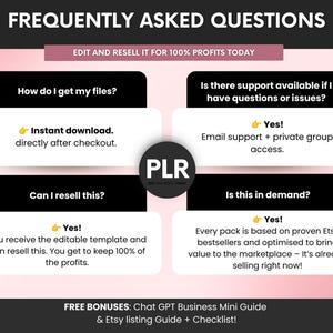 May include: A digital graphic titled FREQUENTLY ASKED QUESTIONS with a pink gradient background. It features four black and white text boxes detailing PLR product information, including instant download, resale rights, support access, and market demand.