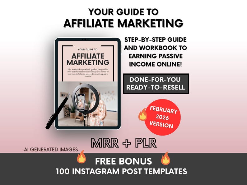 May include: A digital ebook guide titled Your Guide to Affiliate Marketing with a black stylus pen. The cover features a ring light and smartphone setup. Text includes Step-by-Step Guide, Done-For-You Ready-To-Resell, February 2026 Version, MRR + PLR, and Free Bonus 100 Instagram Post Templates.