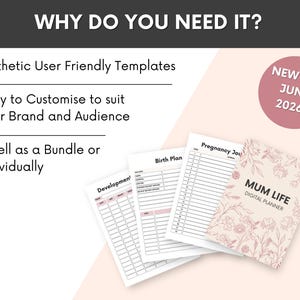 May include: A digital planner set titled MUM LIFE with floral cover art and internal pages for pregnancy journals, birth plans, and development tracking. Text includes WHY DO YOU NEED IT, Aesthetic User Friendly Templates, Easy to Customise, and NEW FOR JUNE 2026.