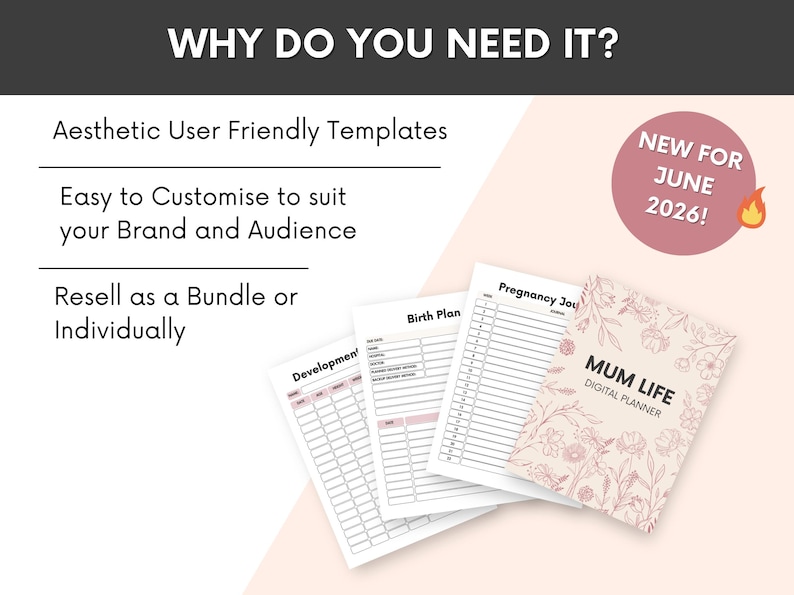May include: A digital planner set titled MUM LIFE with floral cover art and internal pages for pregnancy journals, birth plans, and development tracking. Text includes WHY DO YOU NEED IT, Aesthetic User Friendly Templates, Easy to Customise, and NEW FOR JUNE 2026.