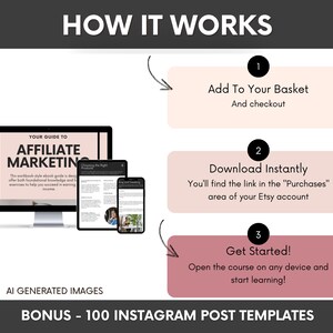 May include: An infographic titled HOW IT WORKS showing a computer, tablet, and phone displaying an affiliate marketing guide. Three steps are listed: 1. Add To Your Basket, 2. Download Instantly, 3. Get Started! Includes a bonus of 100 Instagram post templates.