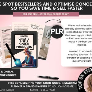 May include: A digital product guide titled How to Create & Sell Digital Products featuring a tablet, a black pen, and text overlays. The graphic includes sections on printable guides, workbooks, and PLR content with a top 3% Etsy seller badge.