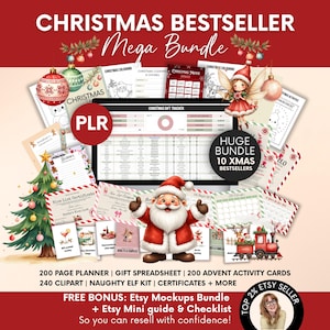 May include: A digital Christmas mega bundle featuring a computer monitor displaying a gift tracker, surrounded by printable documents, a Santa Claus illustration, a Christmas tree, and a fairy. Text includes CHRISTMAS BESTSELLER, PLR, and 200 PAGE PLANNER.