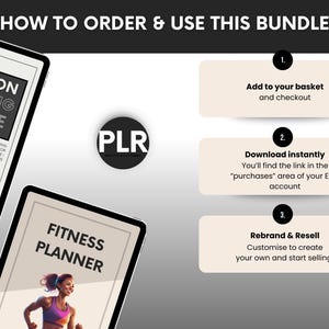 May include: Image detailing how to order and use a bundle, with steps for adding to the basket, instant download, and rebranding for resale. The image also features a marathon training guide and a fitness planner.