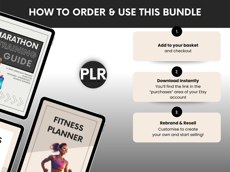 May include: Image detailing how to order and use a bundle, with steps for adding to the basket, instant download, and rebranding for resale. The image also features a marathon training guide and a fitness planner.