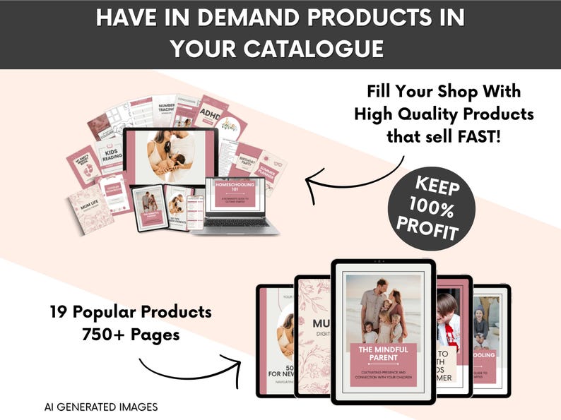 May include: A digital product bundle featuring 19 items and 750+ pages, displayed on computer and tablet screens. The graphics include text such as HAVE IN DEMAND PRODUCTS IN YOUR CATALOGUE, KEEP 100% PROFIT, and THE MINDFUL PARENT in pink and white.