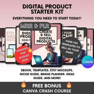 Digital Product Starter Kit for Beginners to Make Money Online, MRR Digital Products, PLR Canva Template Bundle to Resell for Passive Income