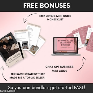 May include: A digital product bundle featuring an Etsy Listing Mini Guide and Checklist with a spiral-bound cover, and a Chat GPT Business Mini Guide displayed on a laptop screen with accompanying pink informational cards and text overlays.