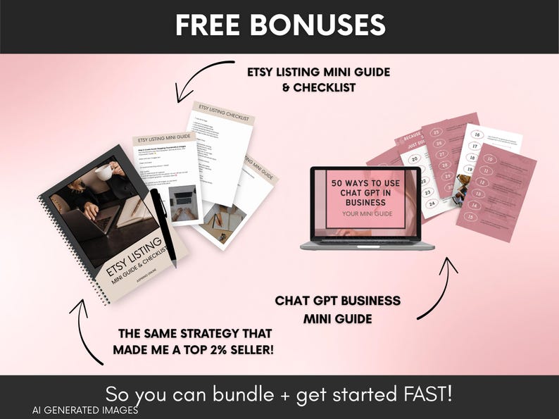 May include: A digital product bundle featuring an Etsy Listing Mini Guide and Checklist with a spiral-bound cover, and a Chat GPT Business Mini Guide displayed on a laptop screen with accompanying pink informational cards and text overlays.