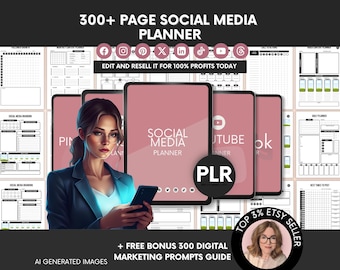 300 Seiten Social Media Planner Canva Templates PLR Wiederverkaufsrechte, bearbeitbarer Social Media Content Kalender und Business Planner PLR