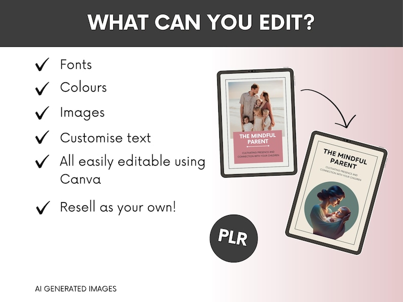 May include: A digital graphic displaying the text WHAT CAN YOU EDIT? with a checklist of features including Fonts, Colours, Images, Customise text, All easily editable using Canva, and Resell as your own. Two tablet screens show book covers titled THE MINDFUL PARENT.