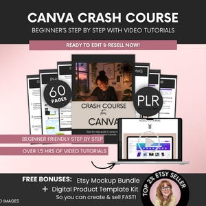 Op de afbeelding: Een digitaal productpakket getiteld CANVA CRASH COURSE BEGINNER'S STEP BY STEP WITH VIDEO TUTORIALS. Het bevat 60 pagina's aan inhoud, PLR-rechten en een laptop met een videotutorial. De tekst bevat READY TO EDIT & RESELL NOW!