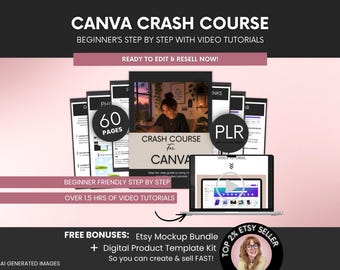 May include: A digital product bundle titled CANVA CRASH COURSE BEGINNER'S STEP BY STEP WITH VIDEO TUTORIALS. It includes 60 pages of content, PLR rights, and a laptop displaying a video tutorial. Text includes READY TO EDIT & RESELL NOW!