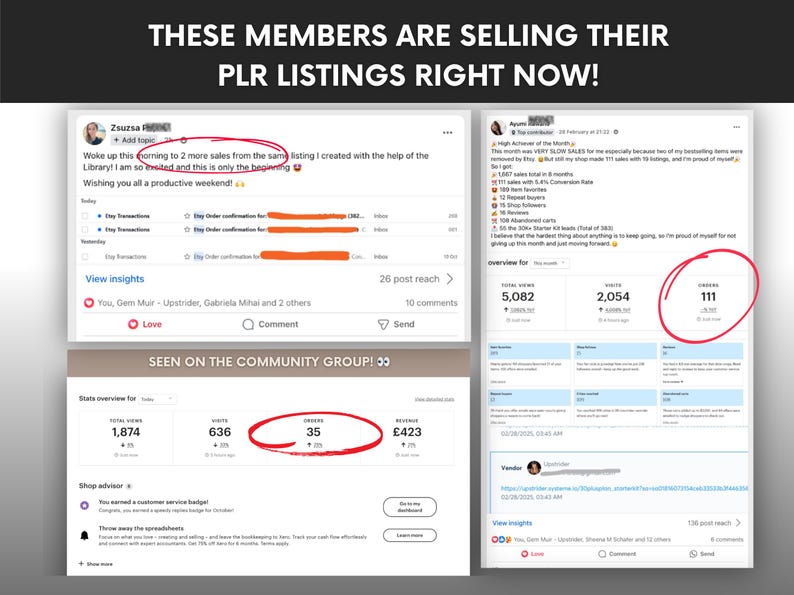 May include: Image showing social media posts with Etsy shop statistics and user comments. The posts display sales figures, including 111 orders and 35 orders, and positive feedback from community members about their PLR listings.