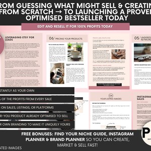 May include: A 157-page digital guide titled From Guessing What Might Sell & Creating From Scratch to Launching a Proven Optimised Bestseller Today. The document features sections on pricing, keywords, and listing images, with text about PLR rights.