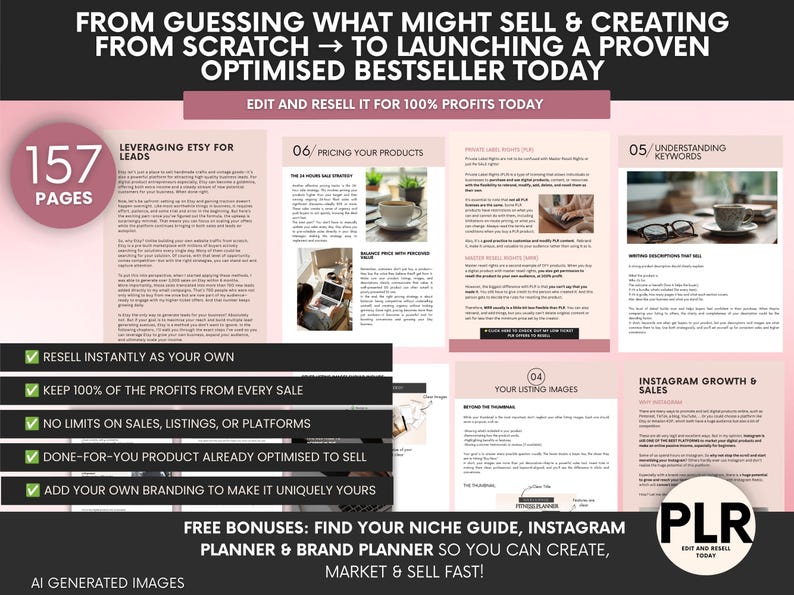 May include: A 157-page digital guide titled From Guessing What Might Sell & Creating From Scratch to Launching a Proven Optimised Bestseller Today. The document features sections on pricing, keywords, and listing images, with text about PLR rights.