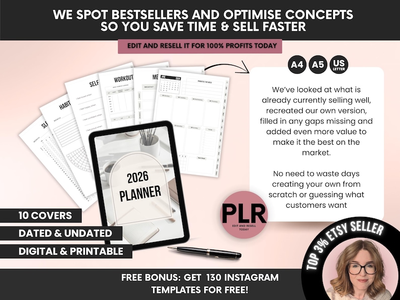 2026 Hyperlinked Digital Planner Canva Template PLR Bundle, 2026 Yearly ...