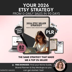 以下が含まれることがあります： 2026 Etsy Seller Strategy From 0-Daily Sales In 90 Daysというタイトルのデジタルガイド。82ページ、PLRコンテンツ、ボーナスガイドが含まれています。表紙にはノートパソコンを使用する人物が描かれ、周囲にはドキュメントのプレビューやテキストオーバーレイが配置されています。