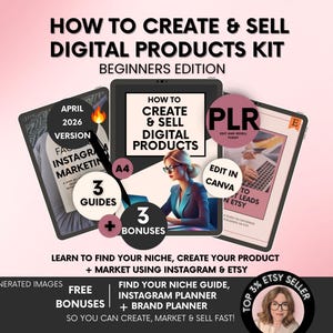 Könnte beinhalten: Ein digitales Produkt-Kit mit Tablets, die Anleitungen zum Erstellen und Verkaufen digitaler Produkte zeigen. Der Text enthält "How to Create & Sell Digital Products Kit", "April 2026 Version", "3 Guides", "3 Bonuses", "PLR" und "Edit in Canva".