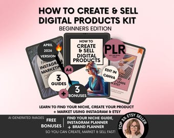 Puede incluir: Un kit de productos digitales con tabletas que muestran guías sobre cómo crear y vender productos digitales. El texto incluye "How to Create & Sell Digital Products Kit", "April 2026 Version", "3 Guides", "3 Bonuses", "PLR" y "Edit in Canva".