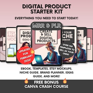 Digital Product Starter Kit for Beginners to Make Money Online, MRR Digital Products, PLR Canva Template Bundle to Resell for Passive Income