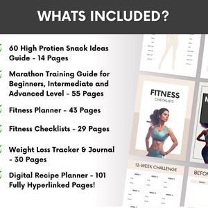 May include: A fitness guide with the text "WHATS INCLUDED?" and a list of items, including a marathon training guide, fitness planner, and recipe planner. The guide features images of women in workout attire.