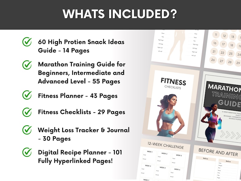 May include: A fitness guide with the text "WHATS INCLUDED?" and a list of items, including a marathon training guide, fitness planner, and recipe planner. The guide features images of women in workout attire.