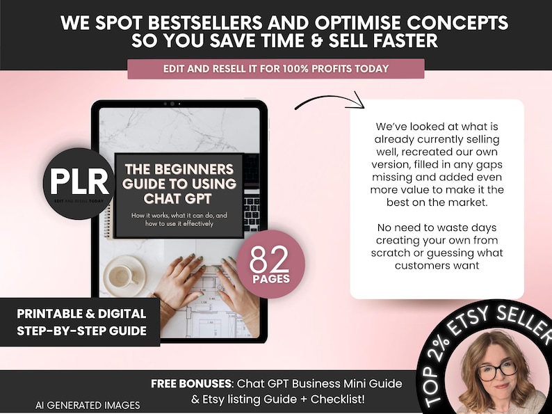 May include: A digital guide titled The Beginners Guide to Using Chat GPT, featuring 82 pages, presented on a tablet screen. The graphic includes text about PLR, printable and digital formats, and free bonuses including a business mini guide and checklist.