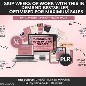 May include: A digital product bundle featuring a laptop and monitor displaying The Beginners Guide to Using Chat GPT, surrounded by multiple document pages in pink and white. Text includes Skip weeks of work, Edit and resell it for 100% profits, and PLR.