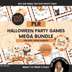 Peut inclure: Un ensemble numérique de 255 pages de jeux de fête d'Halloween avec des illustrations de fantômes, de citrouilles et de chats. Le texte inclut PLR HALLOWEEN PARTY GAMES MEGA BUNDLE FOR KIDS, TEENS & ADULTS, CUSTOMISE WITH CANVA FREE ACCOUNT et TOP 2% ETSY SELLER.